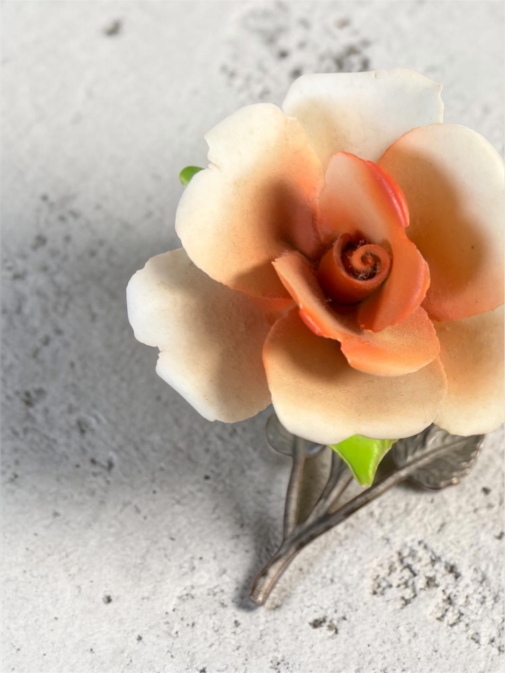Decorative Ceramic Peach Rose Accent with Green Leaf